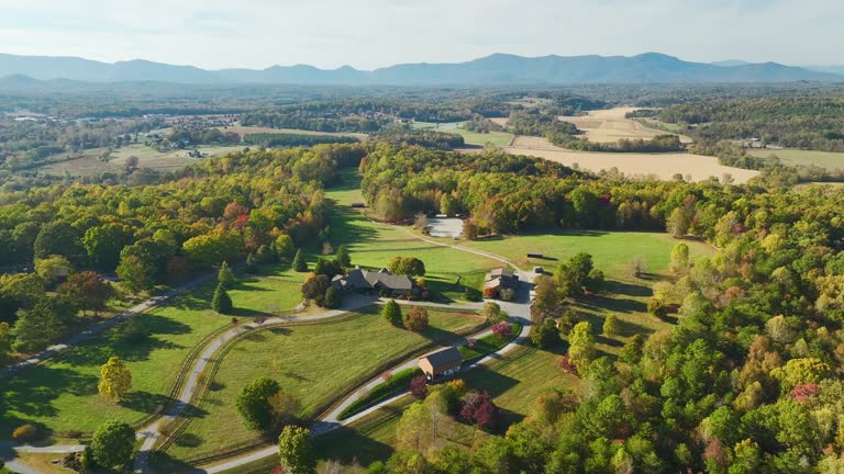 Big expensive residential house surrounded with farm fields and dense forest in rural North Carolina