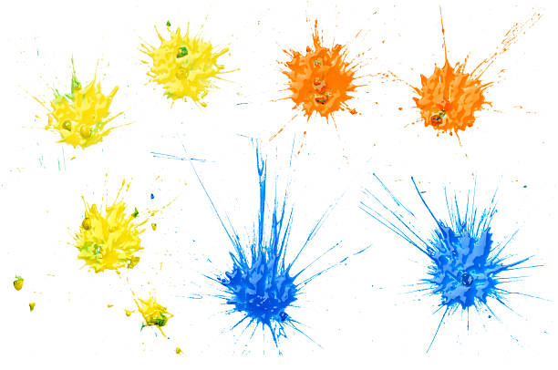 Paintball Splats (On White) Yellow, Orange and Blue Paintball Splats. paintball photography stock pictures, royalty-free photos & images