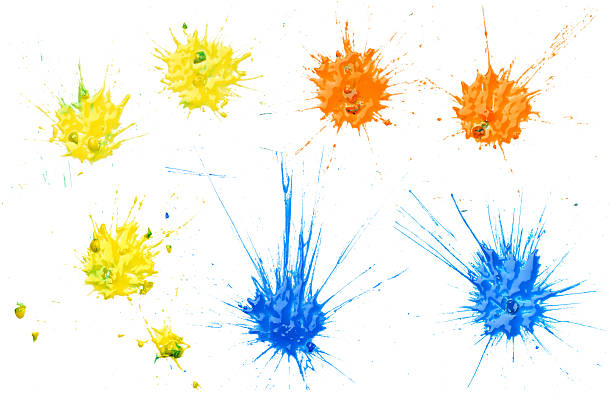 Paintball Splats (On White) Yellow, Orange and Blue Paintball Splats. paintballing stock pictures, royalty-free photos & images