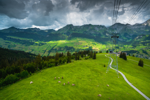 Stock photo of Swiss Alpine meadow aerial view under cable car way. Iltios mountain, Unterwasser, Canton St. Gallen, Switzerland.