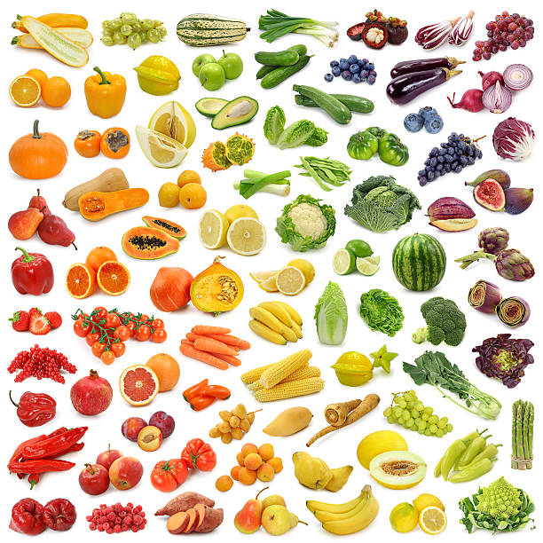sammlung von obst und gemüse - vegetable fruit rainbow variation stock-fotos und bilder