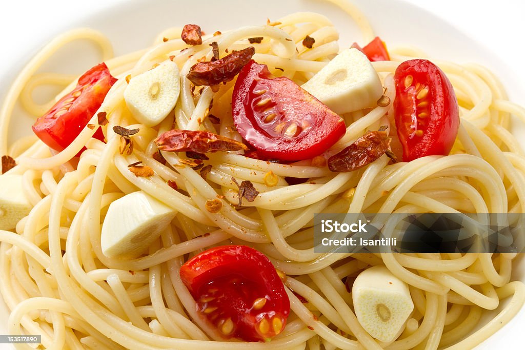 pasta garlic olive oil and red chili pepper pasta garlic olive oil and red chili pepper closeup on a white dish Chili Pepper Stock Photo