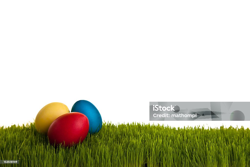 Oeufs de Pâques sur l'herbe verte - Photo de Blanc libre de droits