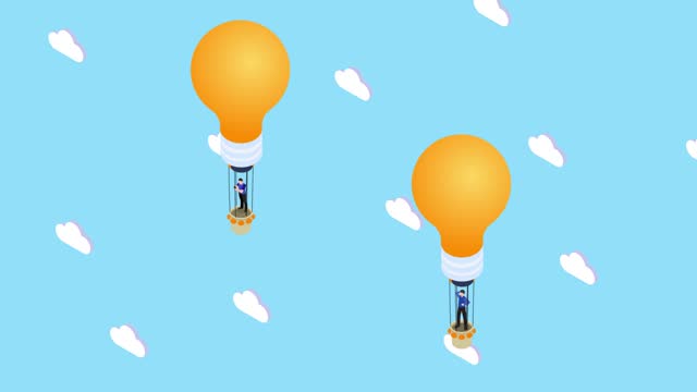 Businessmen flying with fly lightbulb air balloon