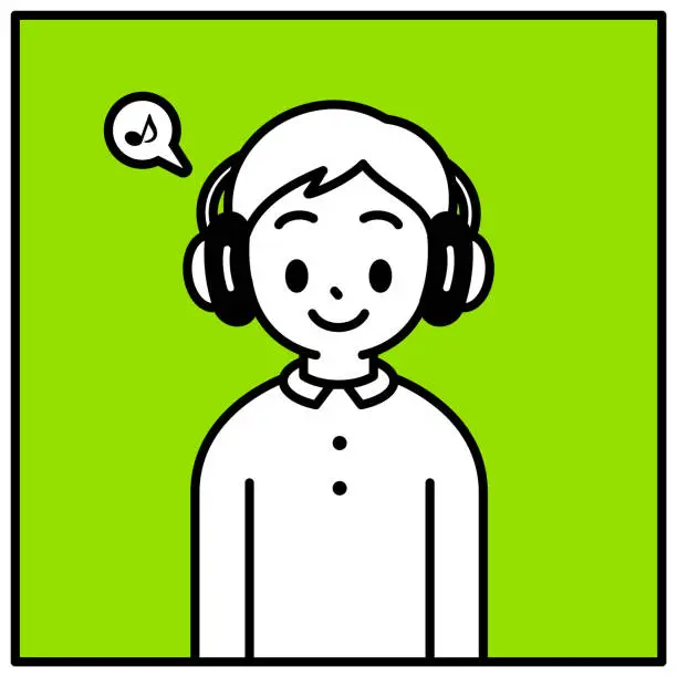 Vector illustration of A boy wearing headphones, looking at the viewer, minimalist style, black and white outline