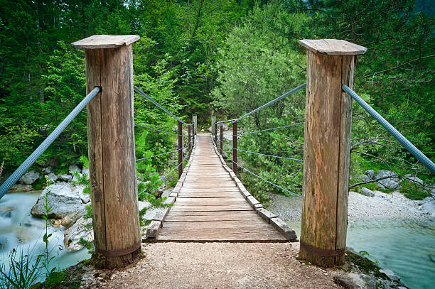 Hanging wooden bridge over mountain river in national park. stock photo