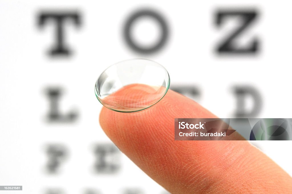 Clear contact lens on fingertip with eye chart Contact lens on finger and snellen eye chart. The eye test chart is shown blurred in the background. Contact Lens Stock Photo