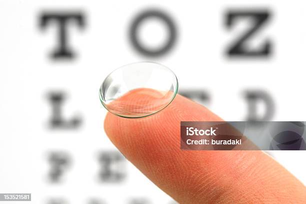 Clear Contact Lens On Fingertip With Eye Chart Stock Photo - Download Image Now - Contact Lens, Defocused, Care