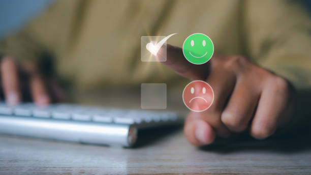 istock Man hand choosing happy smile face positive mindset selection for feedback review satisfaction service. rating very impressed. Best quality. Customer satisfaction experience concept. copy space. 1535220638