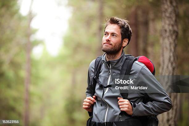 Photo libre de droit de Randonneur Hommerandonnée En Forêt banque d'images et plus d'images libres de droit de Hommes - Hommes, Randonnée pédestre, Forêt