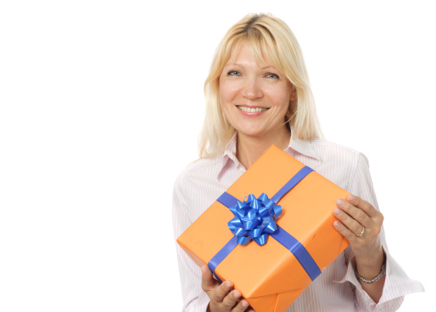 Portrait of beauty mature woman with gift box