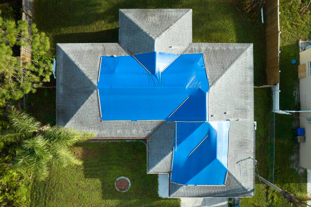 허리케인으로 손상된 이안 집 지붕의 공중보기는 아스팔트 대상 포진을 교체 할 때까지 빗물이 새는 것에 대해 파란색 보호 방수포로 덮여 있습니다. - tarpaulin 뉴스 사진 이미지