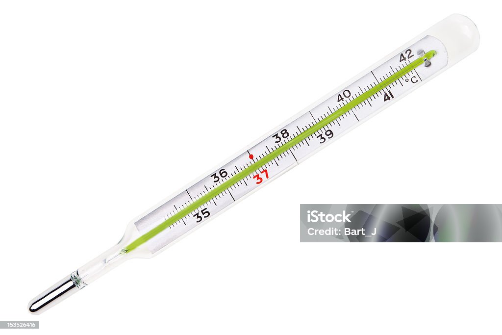 Glass mercury thermometer Glass mercury thermometer isolated over white background. Celsius Stock Photo