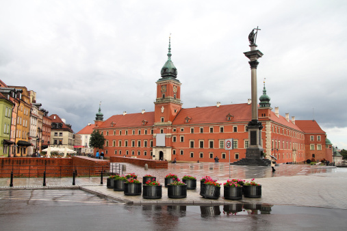 Warsaw, Poland. Old Town - famous Royal Castle at Plac Zamkowy square. UNESCO World Heritage Site. Rainy weather.