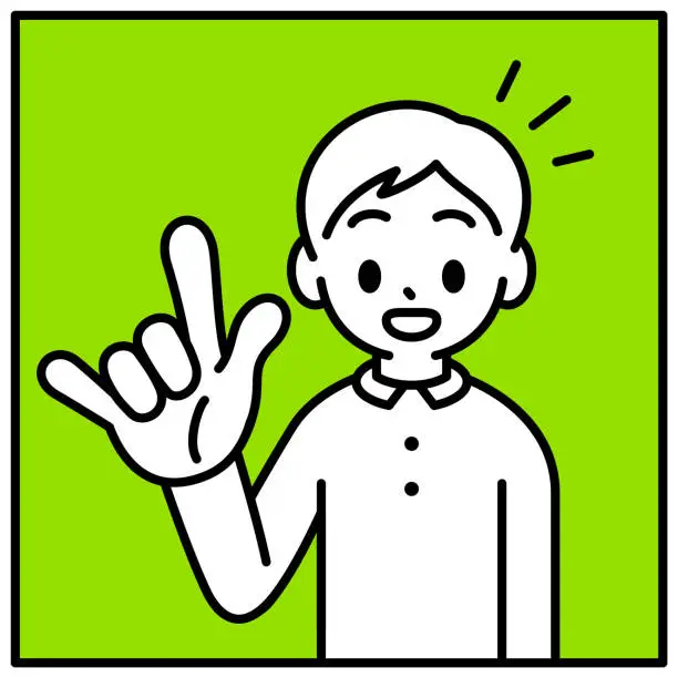 Vector illustration of A boy is gesturing the sign for I Love You, looking at the viewer, minimalist style, black and white outline