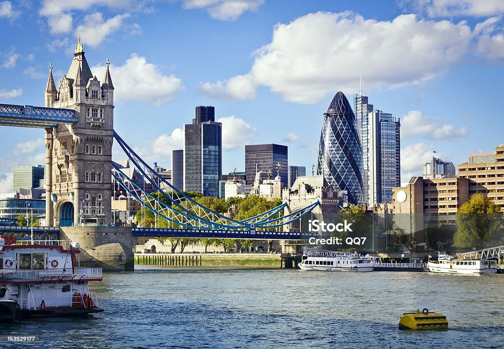 London skyline seen from the River Thames Financial District of London and the Tower Bridge London - England Stock Photo