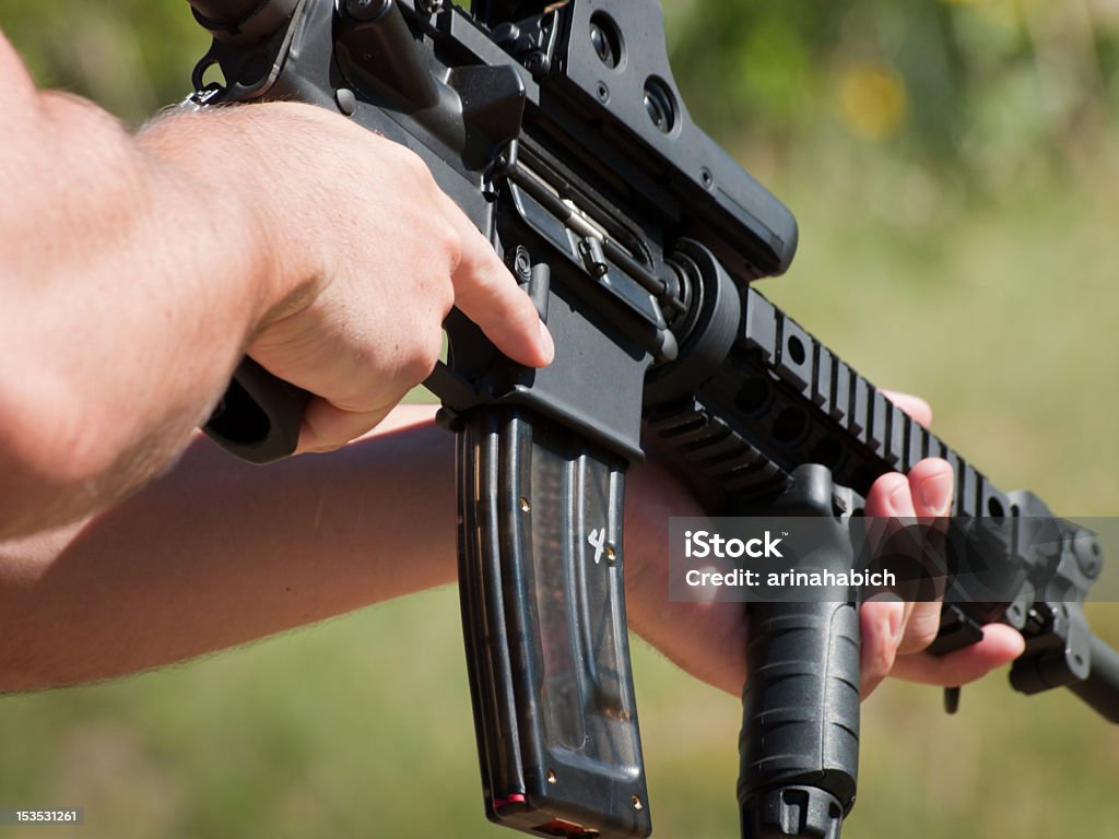 A man target shooting at a gun range Firearm AR-15 for target shooting. AR-15 Stock Photo