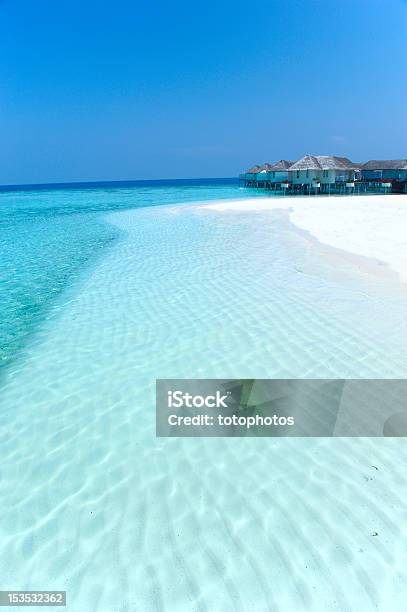 Maldives Water Villa And White Beach Stock Photo - Download Image Now - Beach, Heaven, Bungalow