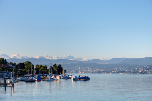 Boats moored on lake Zurich early in the morning with a lonesome rower.