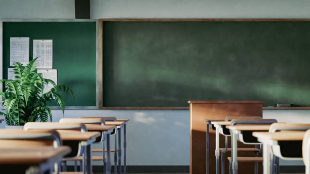 istock Blackboard, desks and chairs in empty school classroom, 3d rendering 1535337872