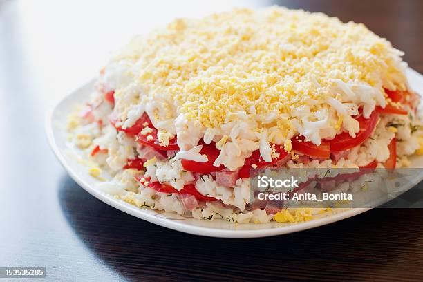 Salad With Rice Cheese And Sausage Stock Photo - Download Image Now - Appetizer, Cheese, Close-up