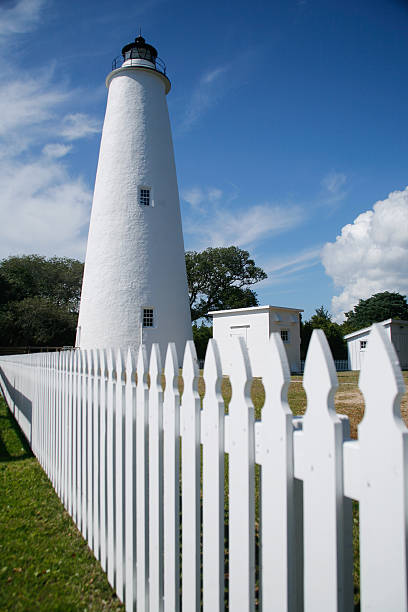 Ocracoke Lighthouse Built in 1823, the Ocracoke Lighthouse is the oldest active lighthouse in North Carolina. It is located in the historic Ocracoke fishing village on Ocracoke Island. It stands 75 feet tall and is still continuously in use and operated by the US Coast Guard. ocracoke lighthouse stock pictures, royalty-free photos & images