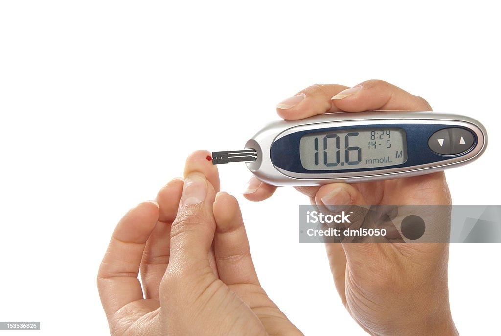 Diabetes patient measuring glucose level blood test Dependent first type Diabetes patient measuring glucose level blood test using ultra mini glucometer and small drop of blood from finger and test strips on a white background Blood Stock Photo