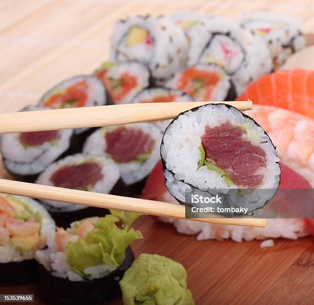 Sushi And Chopsticks Stock Photo - Download Image Now - Appetizer, Chopsticks, Freshness