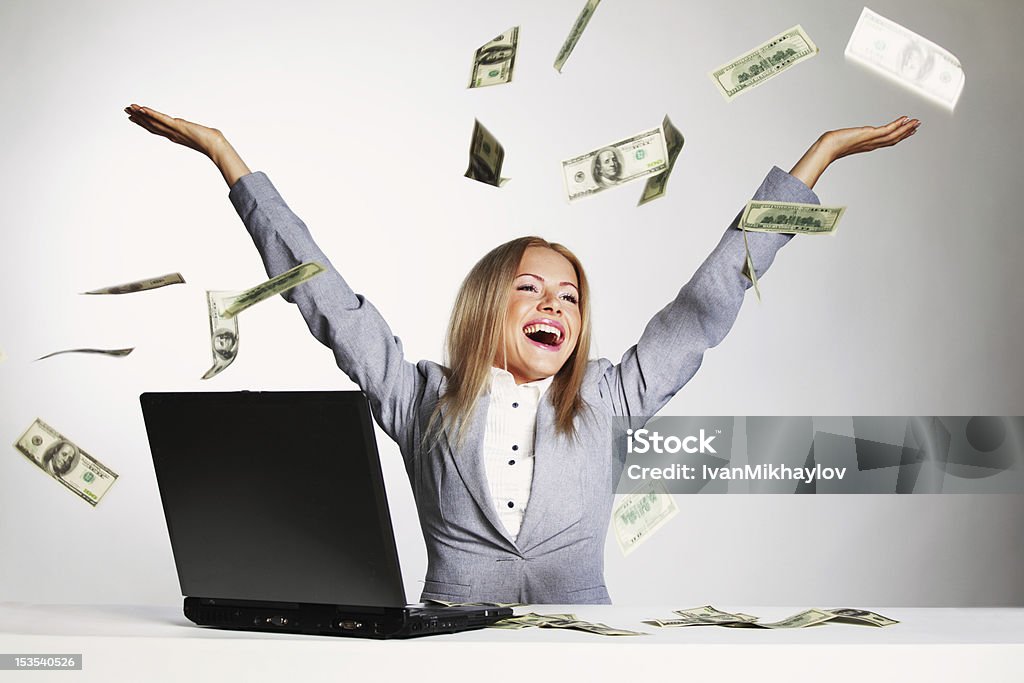 dollars in the air business woman drop dollars in the air Throwing Stock Photo