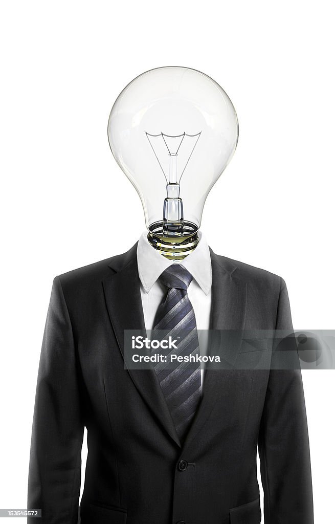 Uomo d'affari in abito scuro con una lampadina invece di testa - Foto stock royalty-free di Adulto