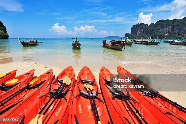 Red Modern Canoes And Boats Longtail Stock Photo - Download Image Now - Andaman Sea, Asia, Bay of Water