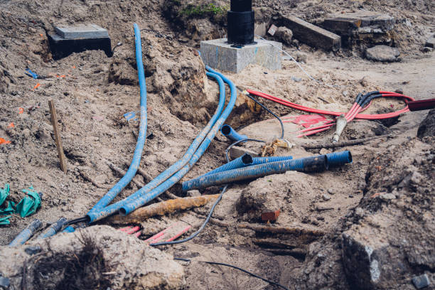 istock Big construction site with pipes and wires in the construction area. 1535493241