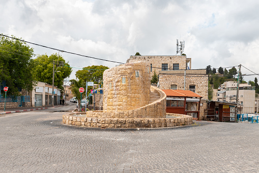 Safed, Israel, April 29, 2023 : Decorative fountain on the corner of Aliya Bet street in the old part of Safed city in northern Israel