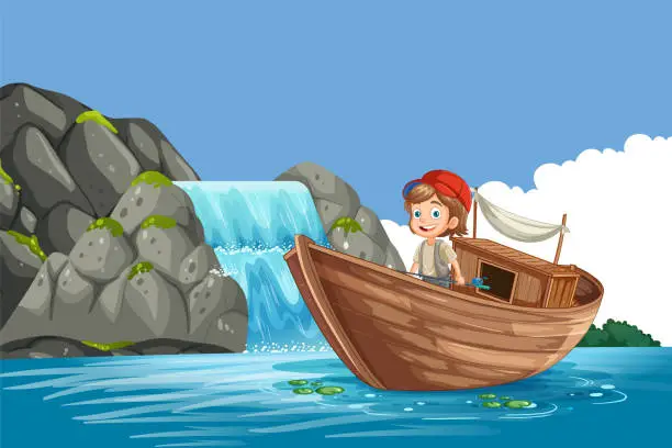 Vector illustration of Fisherman fishing on wooden boat with waterfall background