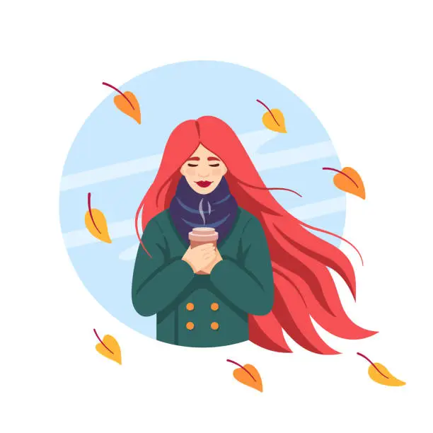 Vector illustration of Redheaded Woman with cup of coffee with autumn leaves. Fall vibes. Takeaway coffee concept. Vector illustration