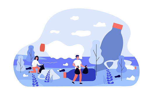 Volunteers collecting garbage on beach vector illustration. Eco activists cleaning nature near rivers and seas from plastic waste, bottles floating in water. Ecology, environment pollution concept