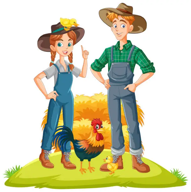 Vector illustration of Cute young couple farmer at the farm
