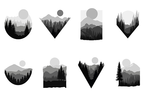 Landscape art set collection vector template in black white