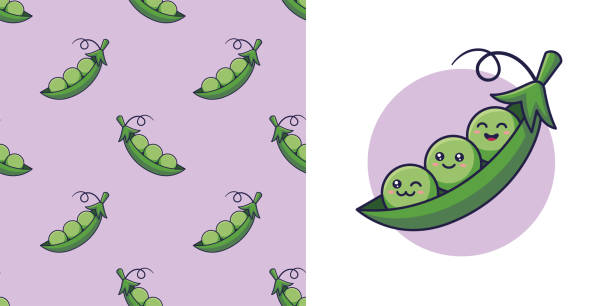 Hand drawn green pea for baby clothes. Vector illustration in doodle style. Postcard with peas and seamless pattern. Hand drawn green pea in doodle style for designing baby clothes. Postcard with green pea and seamless pattern. Cartoon Bohemian nursery print. Kids design texture for pajamas. Vector illustration. happy green peas stock illustrations