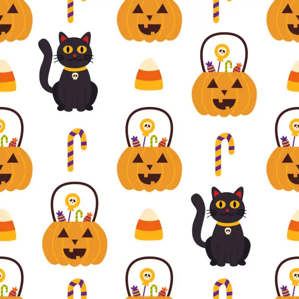 Vector illustration of Halloween seamless pattern with cute black cat and pumpkin.