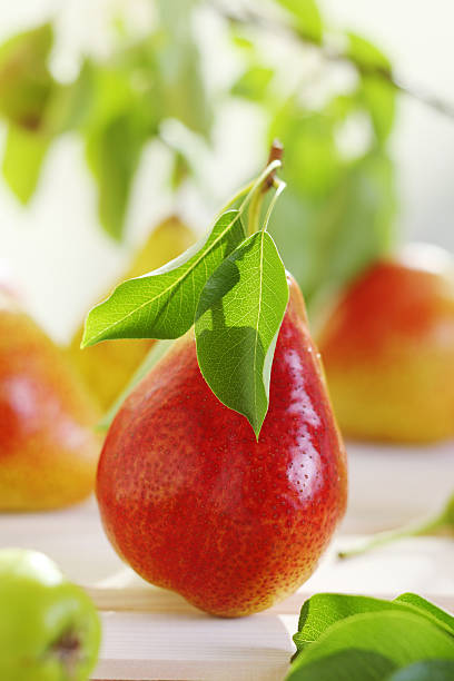 istock Pear with leaf on white wooden background 153552628