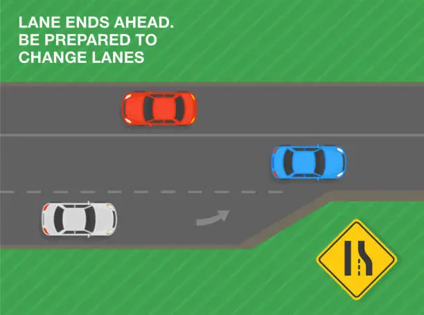 Vector illustration of Safe driving tips and traffic regulation rules. Lane ends ahead, be prepared to change lanes. Road sign meaning. Top view of a city road.
