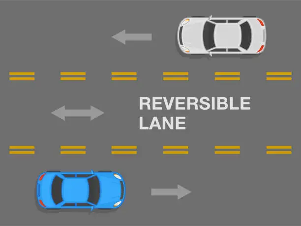 Vector illustration of Three lane road. Top view of steam of sedan cars on a city highway. Reversible lane meaning.