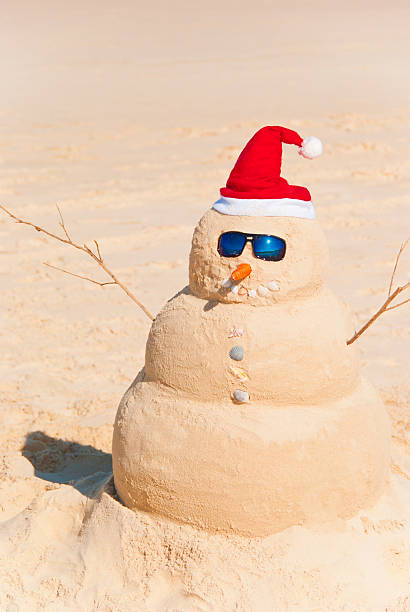 istock Snowman Built As Sandcastle On Beach at christmas 153555146