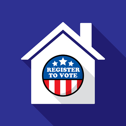 Vector illustration of a house with red, white, and blue campaign pin with the words 