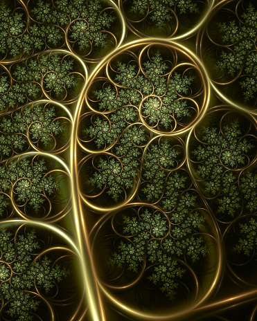 Abstract Kleinian fractal art of infinite glowing spirals, perhaps like an unfurling fern frond.