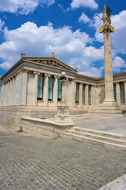 The Academy of Athens is a neoclassical building in the centre of Athens. The statue to the right depicts Athena, the patron goddess of Athens.