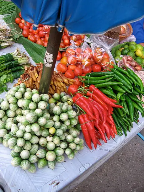 Ingredients for Thai food being sold at a market in Chiang Mai, photo previously accepted for contributor eligibility.