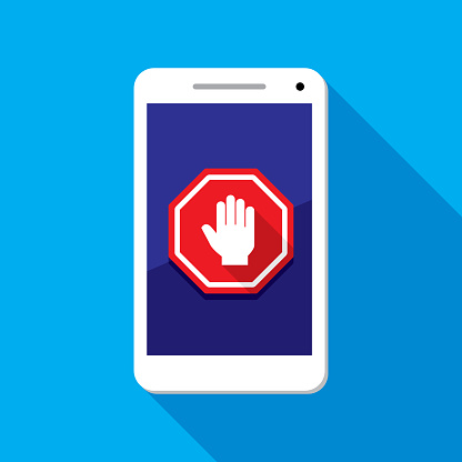 Vector illustration of a smartphone with stop sign hand icon against a blue background in flat style.