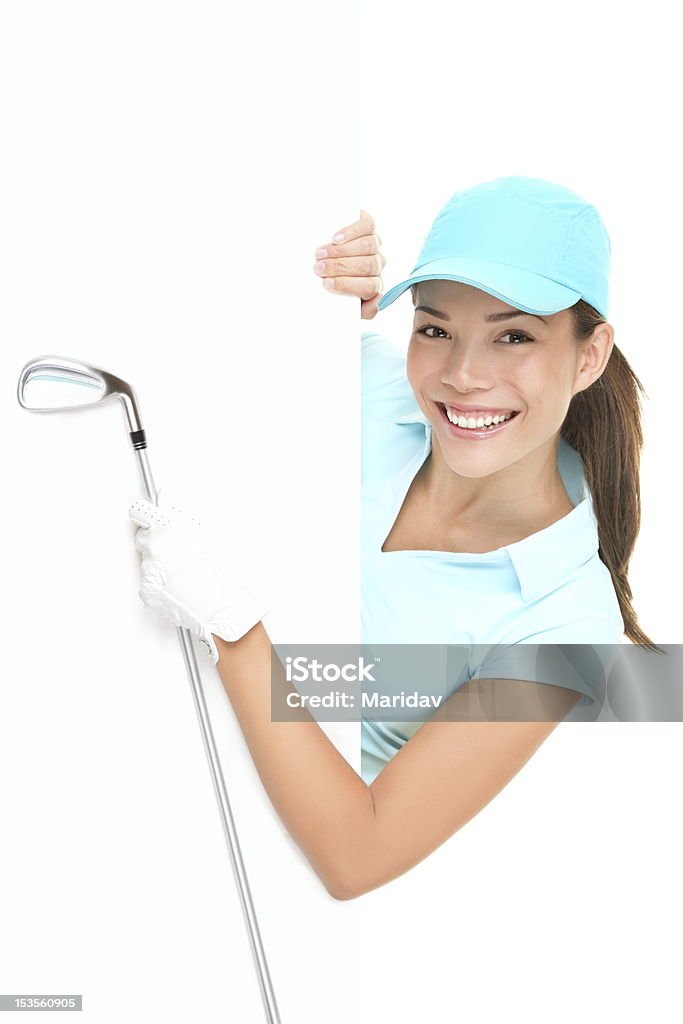 Golf sign - woman showing paper billboard Golf sign - female golf player showing white paper sign holding golf club. Beautiful smiling Asian Caucasian xwoman isolated on white background. Advertisement Stock Photo